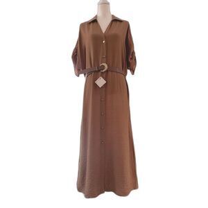 ZARA Textured Maxi Shirt Dress Belted Gold Button Light Brown Size XL NWT